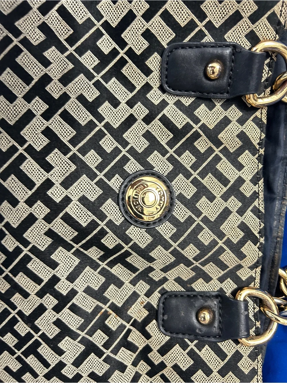 Tommy Hilfiger Black and Cream Signature Tote with Gold Hardware